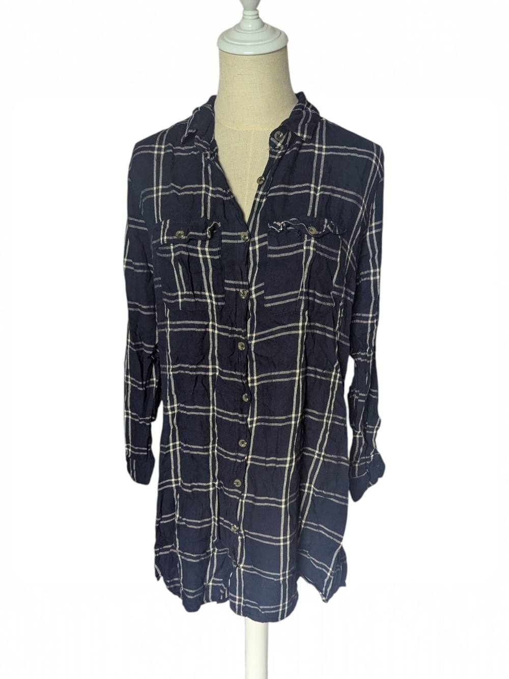Charlotte Russe Navy Plaid Button Front Tunic Shirt Medium